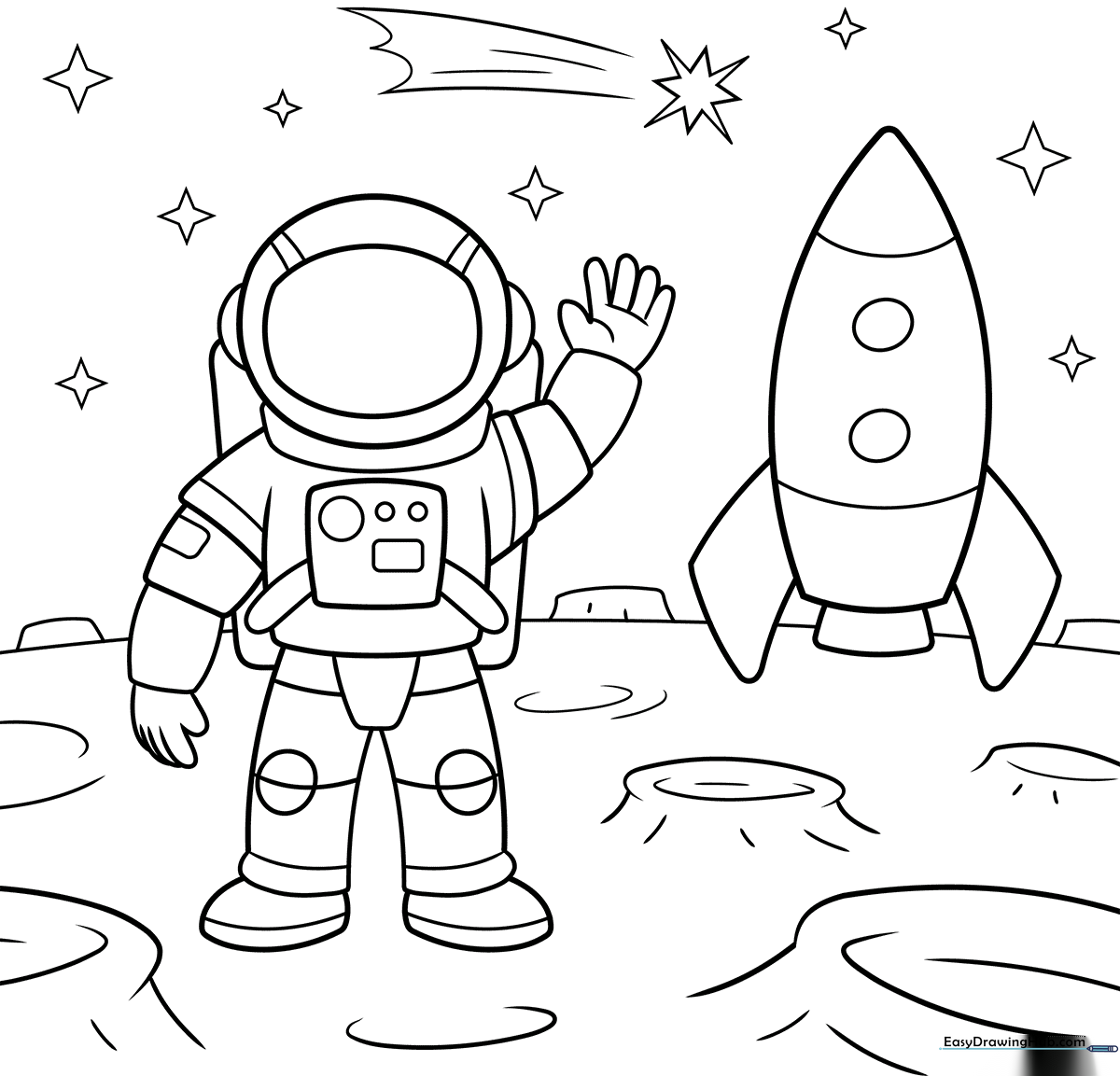 An astronaut in a detailed space suit walking on the moon with craters and stars in the background, ready for coloring.