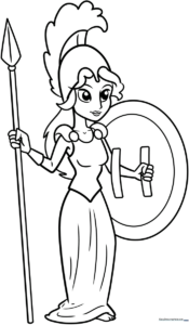 Line art illustration of the Greek goddess Athena wearing a plumed helmet and traditional robes, ready for coloring.