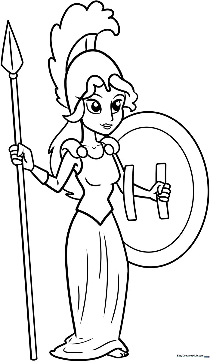 Line art illustration of the Greek goddess Athena wearing a plumed helmet and traditional robes, ready for coloring.