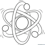 Black and white line art of an atom with a central nucleus and orbiting electrons, designed for children to color.