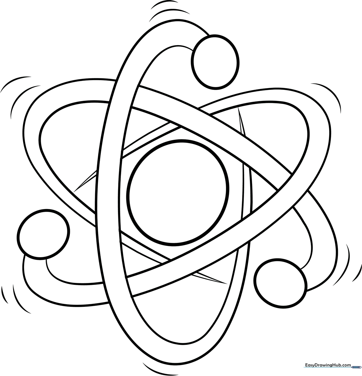Black and white line art of an atom with a central nucleus and orbiting electrons, designed for children to color.