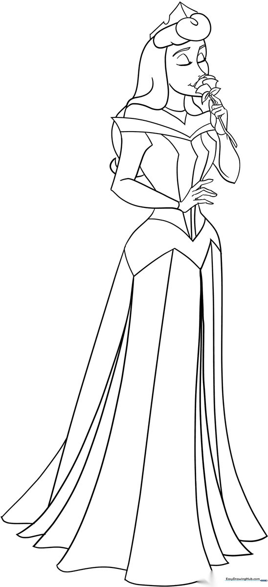 Black and white line art of Princess Aurora from Sleeping Beauty, featuring clear outlines for easy coloring and practice with shading techniques.