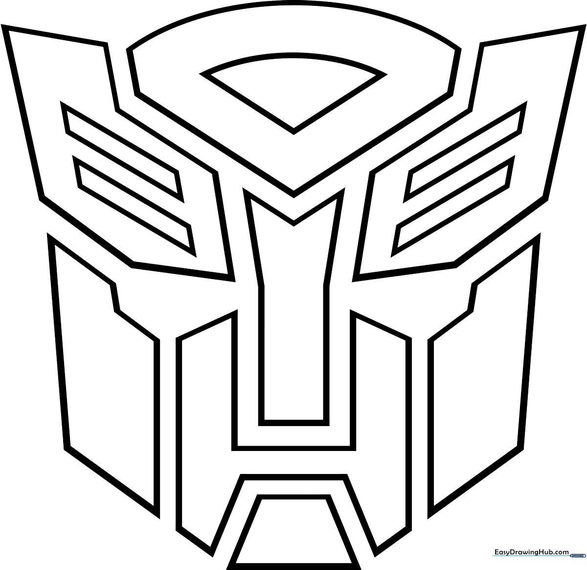 Black and white line art of the iconic Autobots face-mask emblem from Transformers, featuring clean, thick outlines for easy coloring.