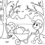 Printable autumn landscape coloring page featuring a large tree with falling leaves, pumpkins, and seasonal vegetables for children to color.