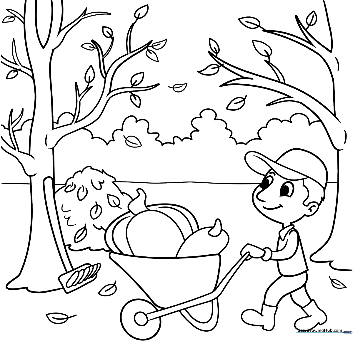 Printable autumn landscape coloring page featuring a large tree with falling leaves, pumpkins, and seasonal vegetables for children to color.