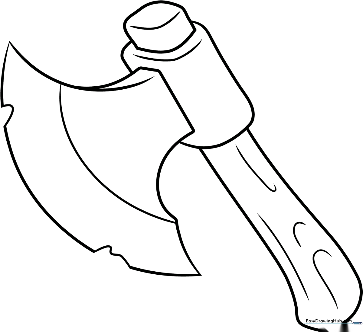 Black and white line art of a cartoon axe with a curved handle and a sharp blade, designed for children to color.