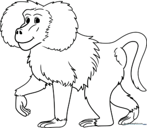 A friendly cartoon baboon illustration with clear outlines, designed for children to color with crayons or markers.