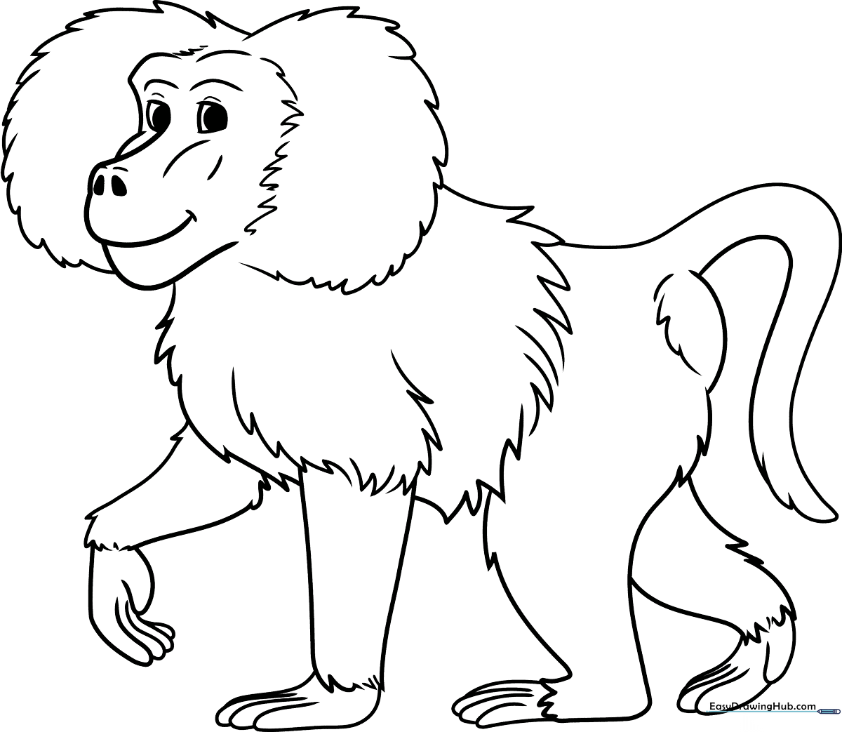 A friendly cartoon baboon illustration with clear outlines, designed for children to color with crayons or markers.