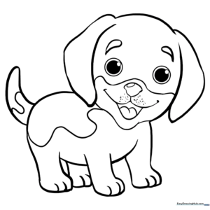 Line art of a beagle puppy sitting, featuring large expressive eyes and floppy ears for coloring practice.