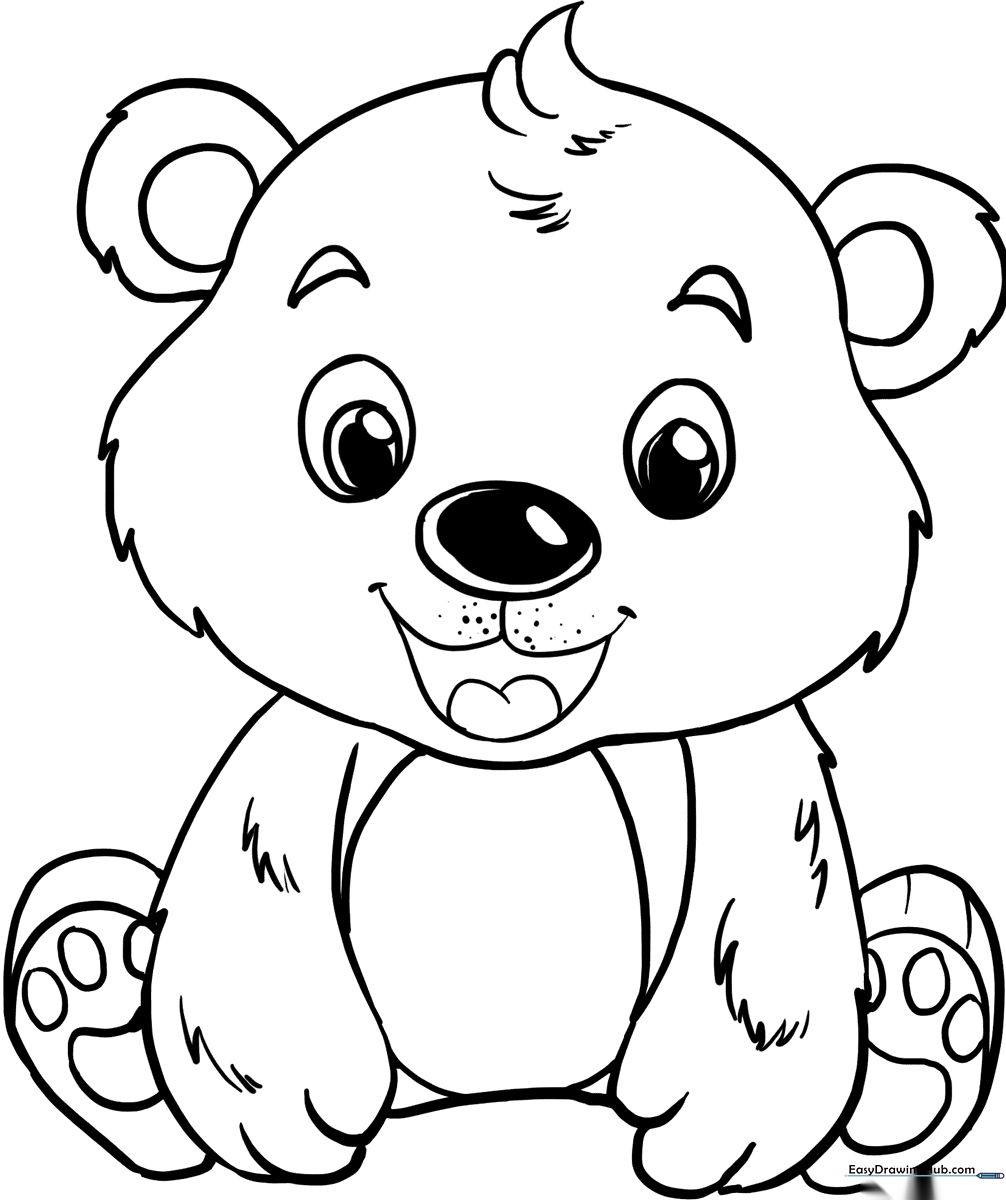 Black and white line art of a friendly baby bear sitting down, featuring thick outlines perfect for young children to color within the lines.
