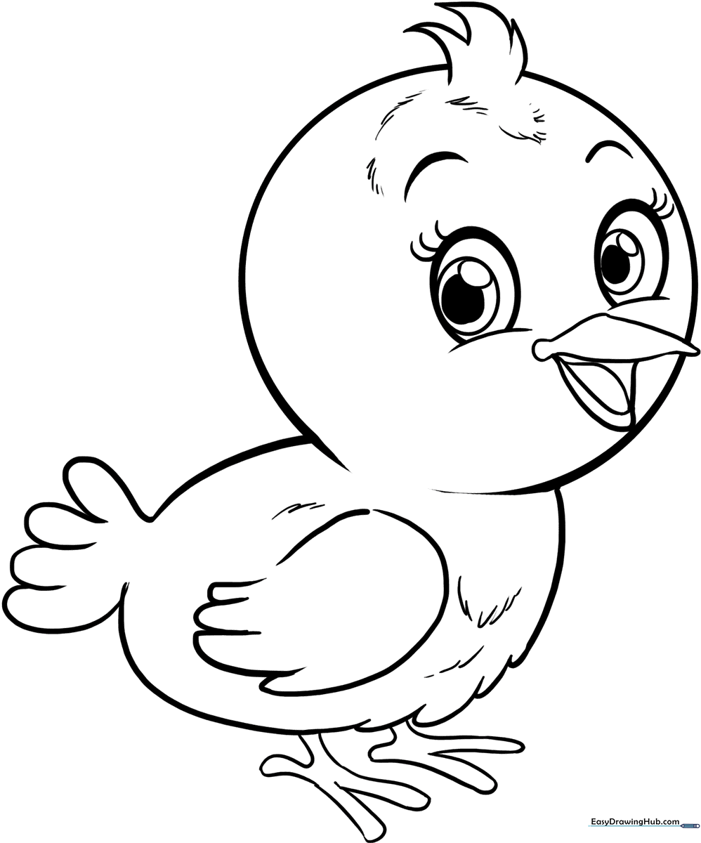 A friendly, wide-eyed baby bird with fluffy feathers, outlined in bold black lines for easy coloring by young children.