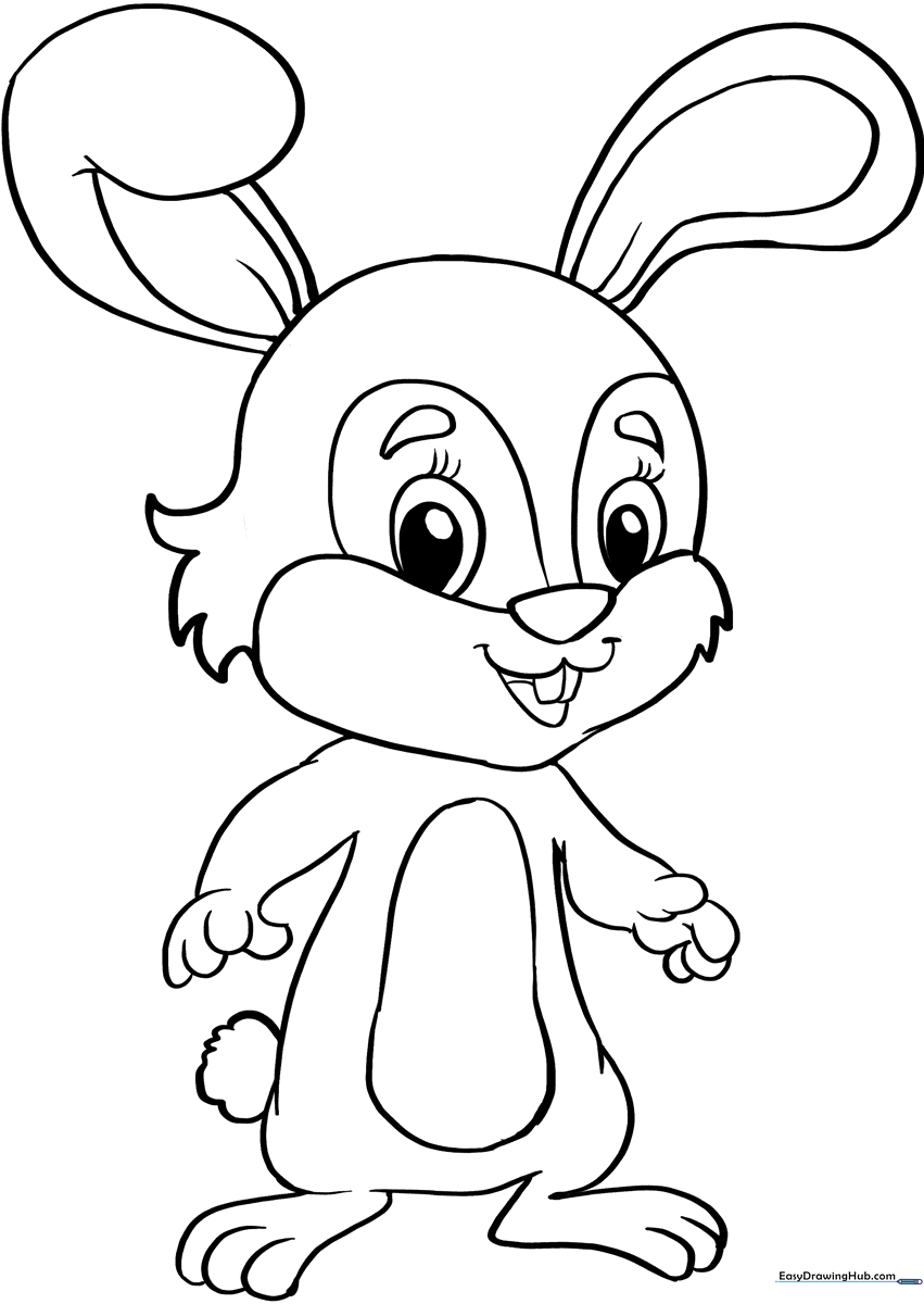 A cute baby bunny with large ears and a fluffy tail, outlined in clean black lines for easy coloring by children.