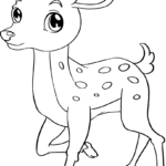 Black and white line art of a cute baby deer standing in a meadow, featuring clear outlines for easy coloring by children.