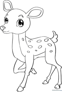 Black and white line art of a cute baby deer standing in a meadow, featuring clear outlines for easy coloring by children.
