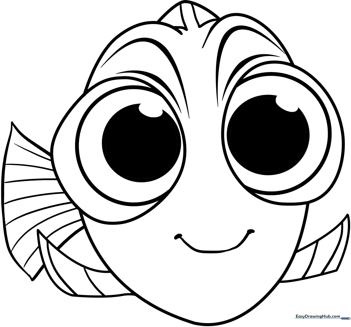 Black and white line art of Baby Dory from Finding Dory with large expressive eyes and fins, ready for coloring.