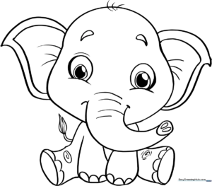 A friendly baby elephant with large ears and a curled trunk, featuring bold, clean outlines perfect for young children to color.