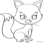 A friendly baby fox with large eyes and a bushy tail, outlined in bold black lines for easy coloring by children.