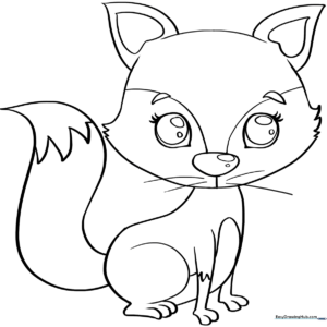 A friendly baby fox with large eyes and a bushy tail, outlined in bold black lines for easy coloring by children.