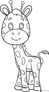 A clean, black-and-white line art illustration of a cute baby giraffe with large eyes and distinct spots, ready for children to color.
