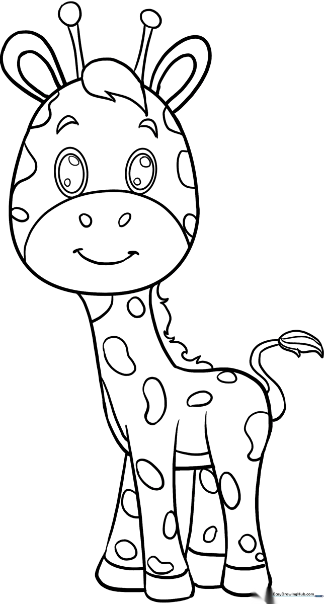 A clean, black-and-white line art illustration of a cute baby giraffe with large eyes and distinct spots, ready for children to color.