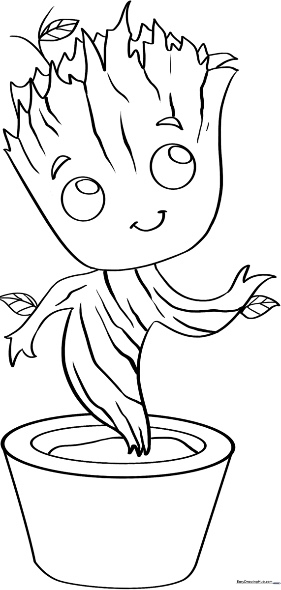 Black and white line art of Baby Groot standing, featuring clear outlines for easy coloring by children.