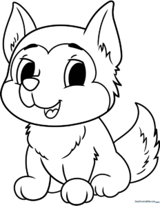 Black and white line art of a cute baby husky puppy sitting down, featuring large expressive eyes and fluffy fur details for coloring.