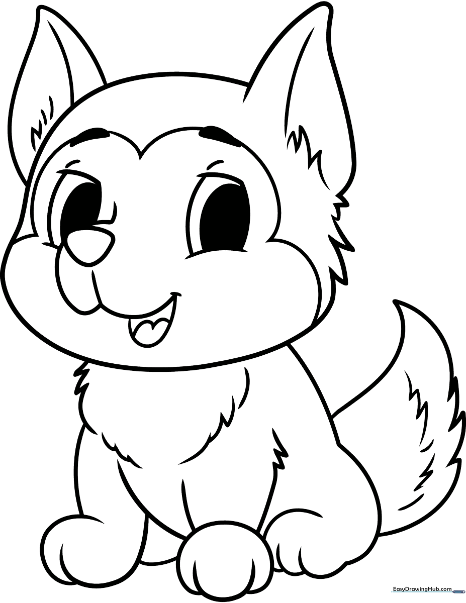 Black and white line art of a cute baby husky puppy sitting down, featuring large expressive eyes and fluffy fur details for coloring.