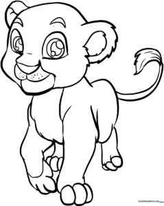 A friendly baby lion cub with a fluffy mane and large, expressive eyes, outlined in bold black lines for easy coloring.