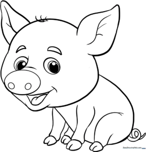 A friendly, simple line-art illustration of a baby pig with large eyes, perfect for young children to color with crayons or markers.