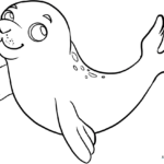Black and white line art of a cute baby seal with large eyes, ideal for children to color with crayons or markers.