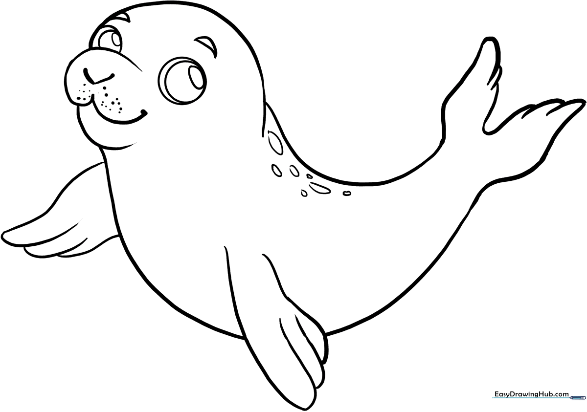 Black and white line art of a cute baby seal with large eyes, ideal for children to color with crayons or markers.