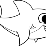 A friendly, smiling Baby Shark outline illustration with bold lines, perfect for children to color with markers or crayons.