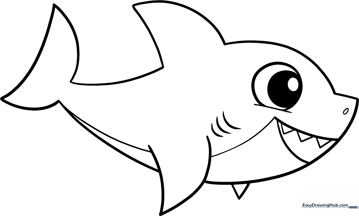 A friendly, smiling Baby Shark outline illustration with bold lines, perfect for children to color with markers or crayons.