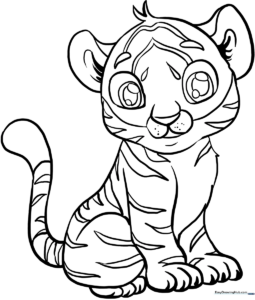 A cute, friendly baby tiger cub with large eyes and distinct stripes, designed with bold outlines for easy coloring by children.