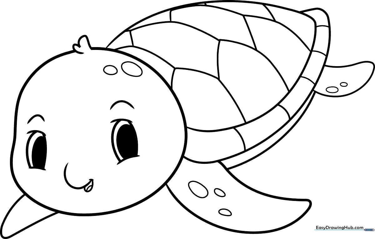 Line art illustration of a cute baby turtle with large eyes and a patterned shell, designed for children to color.