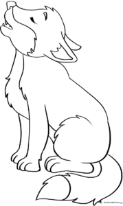 A friendly baby wolf with large, expressive eyes and fluffy fur, outlined in clean black lines for easy coloring by children.