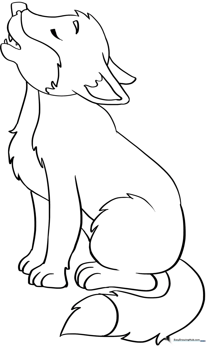 A friendly baby wolf with large, expressive eyes and fluffy fur, outlined in clean black lines for easy coloring by children.