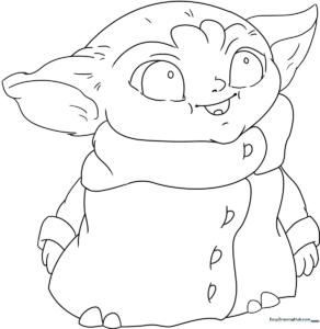 Black and white line art of Baby Yoda featuring large expressive eyes and oversized ears, optimized for children to color with crayons or markers.