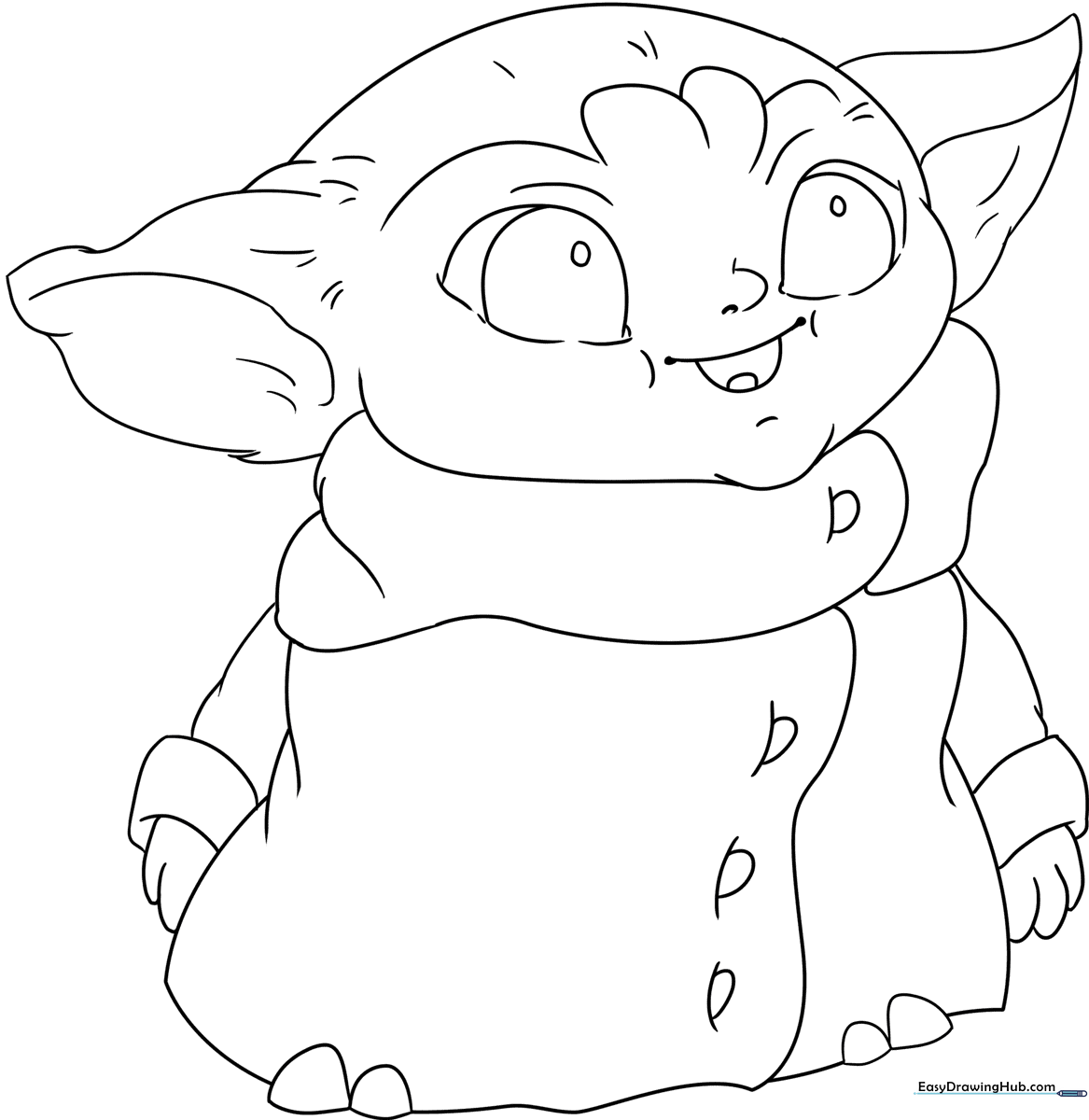 Black and white line art of Baby Yoda featuring large expressive eyes and oversized ears, optimized for children to color with crayons or markers.