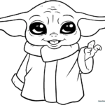 Black and white line art of Baby Yoda (Grogu) with large expressive eyes and ears, ready for coloring on a clean white background.