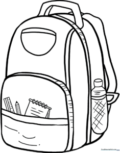 Black and white line art of a school backpack with front pockets and adjustable straps, designed for children to color.