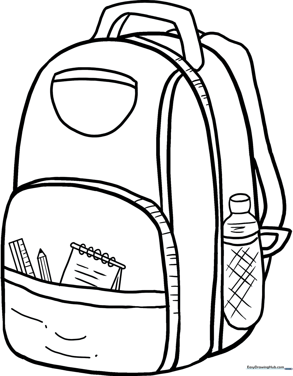 Black and white line art of a school backpack with front pockets and adjustable straps, designed for children to color.