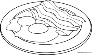 Black and white line art of a breakfast plate featuring two sunny-side-up eggs and two strips of wavy bacon, designed for children to color.