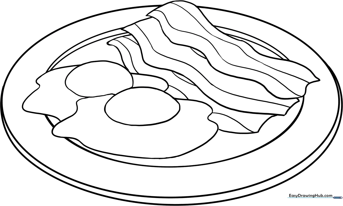 Black and white line art of a breakfast plate featuring two sunny-side-up eggs and two strips of wavy bacon, designed for children to color.