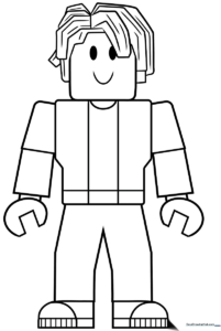 Black and white line art of the Roblox Bacon Hair character, featuring the signature layered hairstyle and simple avatar face, ready for coloring.