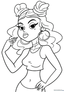 Line art of a stylish girl with trendy hair and outfit, designed for children to color with markers or pencils.
