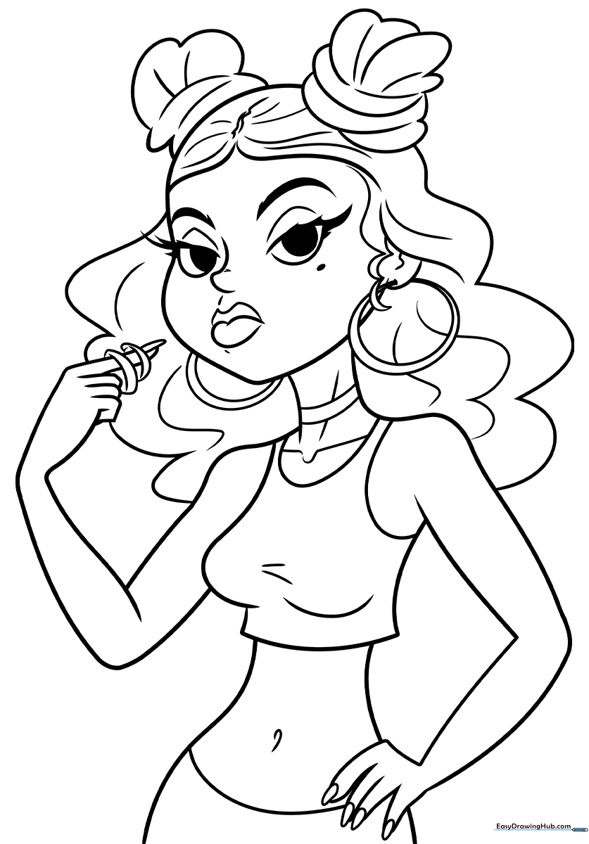 Line art of a stylish girl with trendy hair and outfit, designed for children to color with markers or pencils.