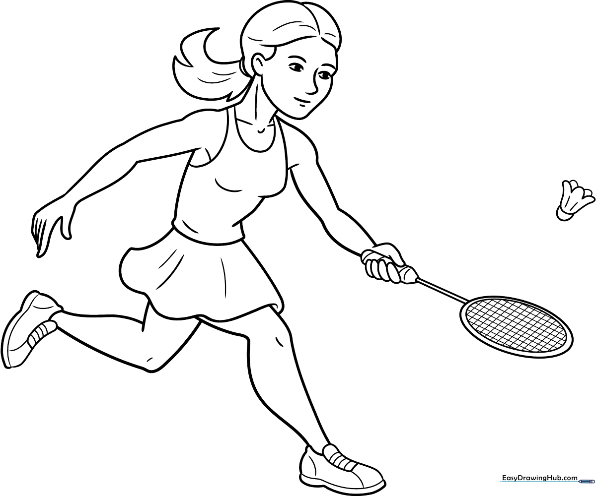 Line art illustration of a female badminton player in a ready stance holding a racket, designed for children to color.