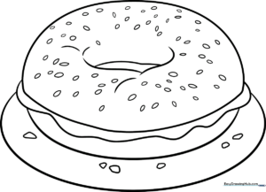 A clear, thick-lined illustration of a round bagel with a hole in the center, designed for children to color with markers or crayons.