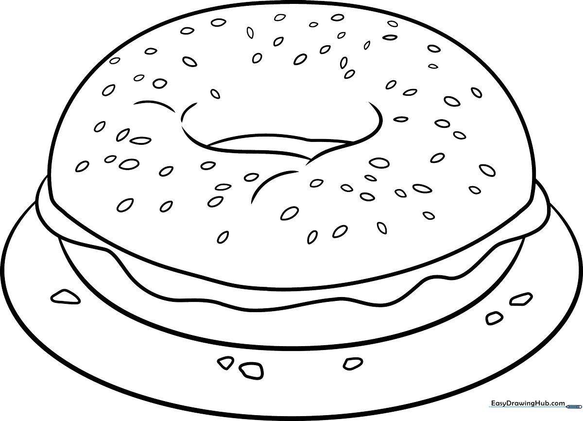 A clear, thick-lined illustration of a round bagel with a hole in the center, designed for children to color with markers or crayons.